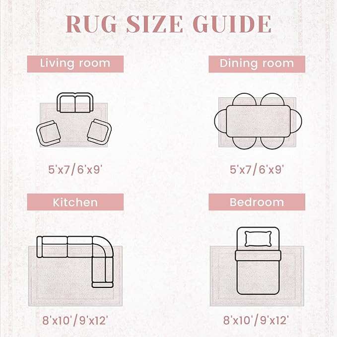 8x10 Area Rugs for Living Room: Washable Large Vintage Floral Rug Low Pile Non-Slip Boho Carpet for Bedroom Home Office Dining Room (Pink, 8'x10')