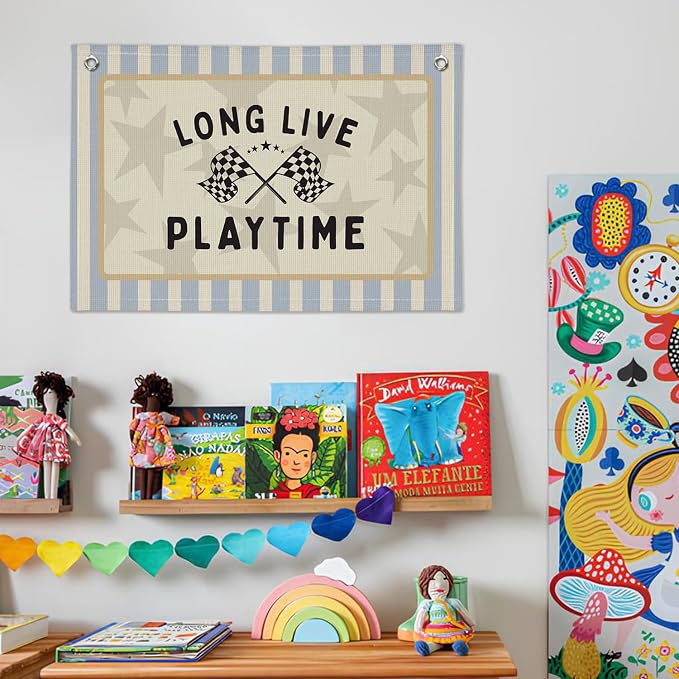 Playroom Decor Wall Banner "Long Live Playtime" 20x30 Inch, Race Car Room Decor for Boys - Nursery Kids Bedroom Wall Hanging, Toddler Children's Kids Room Decor