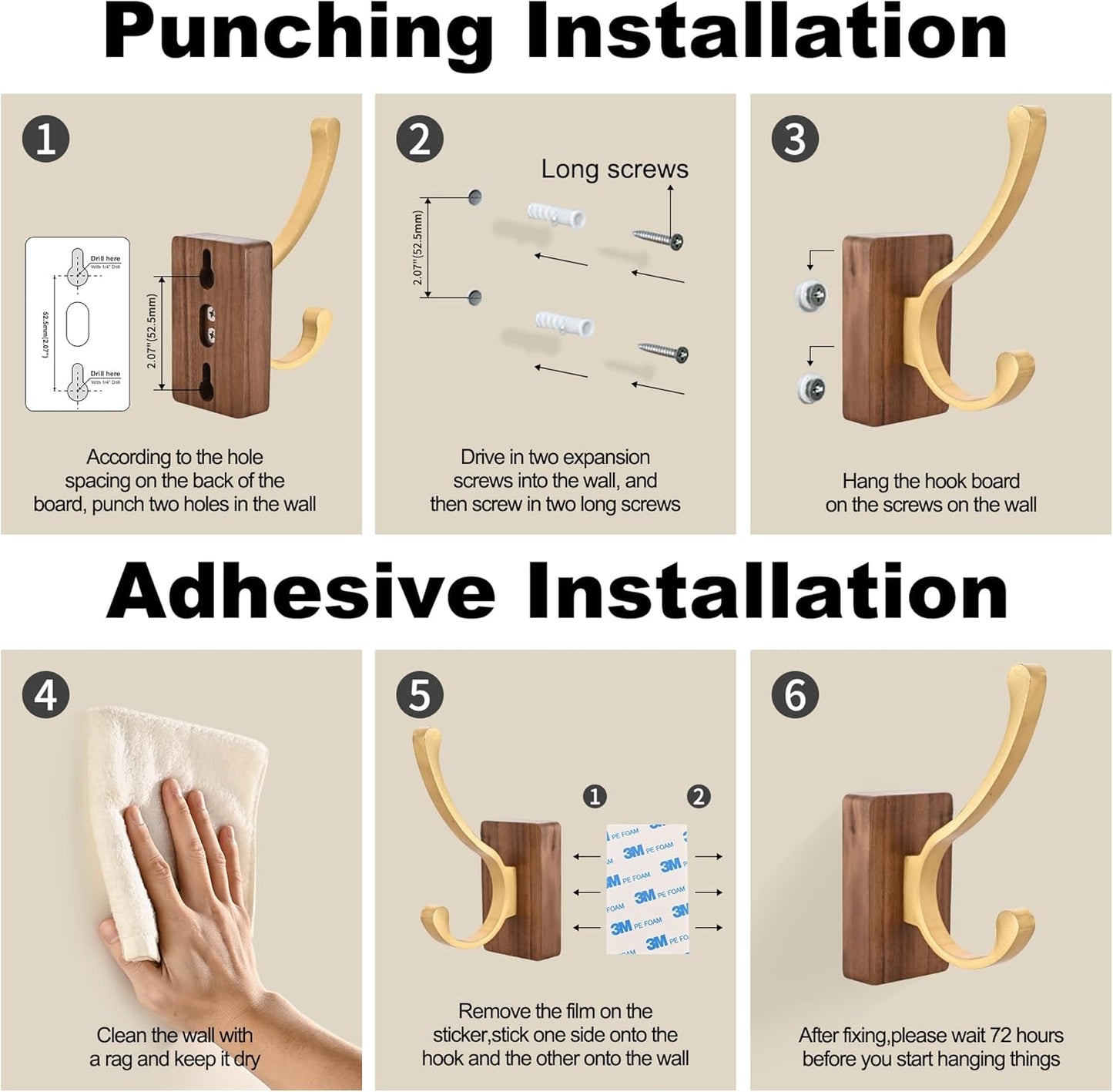 2 Pack Wooden Wall Hooks for Hanging, Adhesive Mounted Wall Mounted Boho Decorative Nature Wood Coat Hook for Towel Clothes Blanket Hat Backpack Robe Nursery Door Board Entryway Key Holder Gold