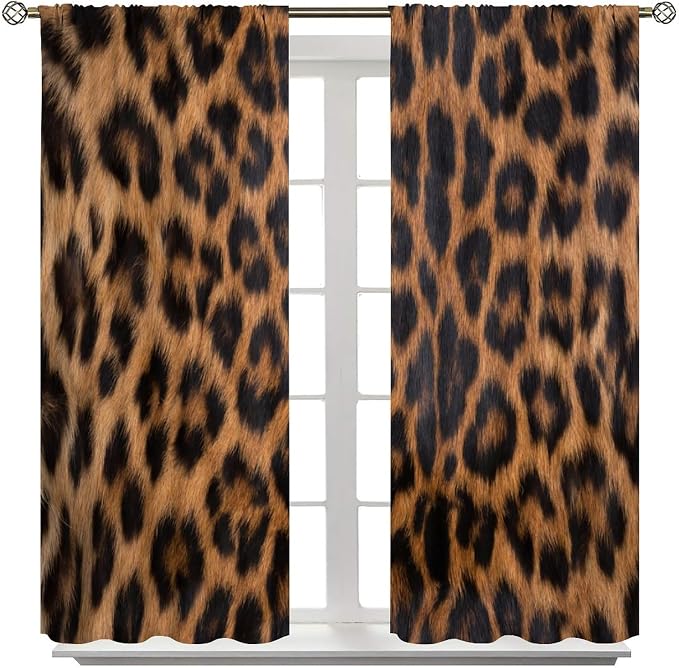 Leopard Print Blackout Curtains, Black Brown Fur Leopard Print Wild Animal Skin Rod Pocket Curtain Window Treatments 2 Panels Drapes for Kitchen Living Room Bedroom Cafe Decor 42" W X 45" L