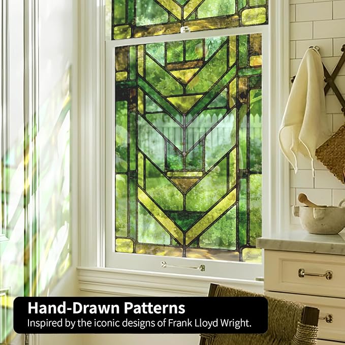 Faux Stained Glass Effect Transparent Window Film, Original Hand Drawn Static Cling Home Decal Inspired by Frank Lloyd Wright, 22.83" x35.43" Martin House, Green