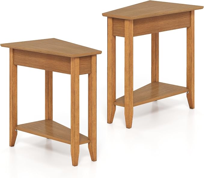 Giantex Wedge End Table, Triangle Side Table with Storage Shelf and Solid Wood Legs, 24.5" Tall Nightstand, Modern Narrow Accent Recliner Table for Small Space Living Room, Light Walnut