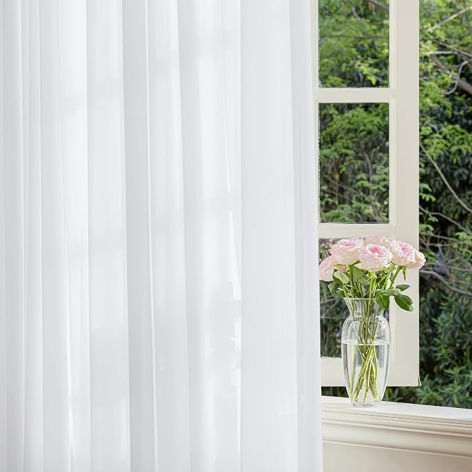 FMFUNCTEX Sheer Non-See-Through White Curtains for Bedroom, Faux Silk that Let Light Curtains 54 inches Long Light Filtering Privacy Sheer Window Drapes for Living Room, Rod Pocket 2 Panels Set