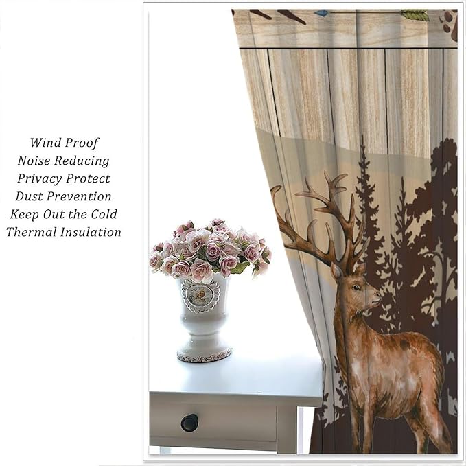 Bear Deer Blackout Curtains for Kitchen Vintage Country Hunting Cabin Wood Planks Forest Bear Footprints Deer Black Bear Bow and Arrow Wildlife Windows Treatments for Bedroom Living Room 42x54in