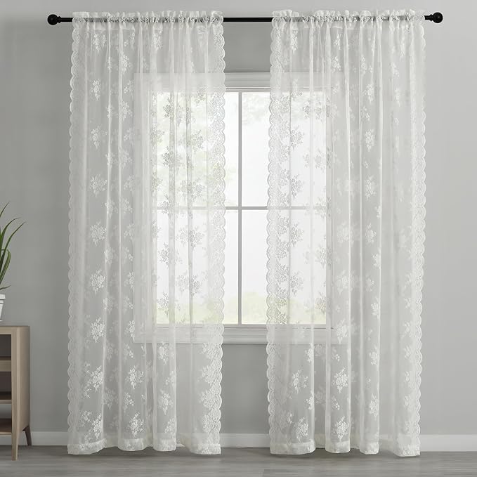Kotile Ivory Lace Curtains 54 Inch Length for Bedroom, Country Rustic Floral Sheer Lace Curtains 2 Panels Set, Rod Pocket Privacy Window Lace Curtain Panels, 42 x 54 Inch Each, Ivory