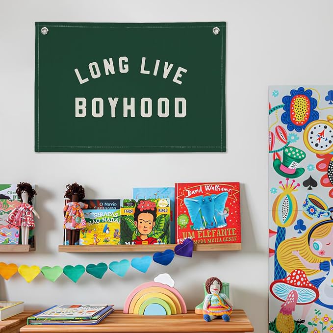 Long Live Boyhood Boys Room Decor - Linen Banner Wall Hanging Canvas Banner Flag Decor for Toddler Boy Room Nursery Playroom - Dark Green