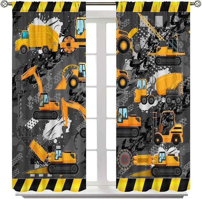 Cartoon Car Blackout Curtain,Boy Kids Construction Yellow Tractor Excavator Window Curtains Cloth Farbic Kitchen Bedroom Cafe Dining Room Office Living Room Drapes Decor, 42x45 in