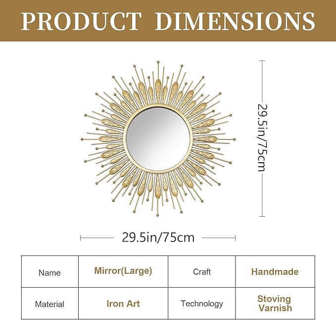Wall Mirrors Decorative 30" Country-Style Gold Round Mirrors for Wall Decor ,Sunflower Wall Hanging Mirror