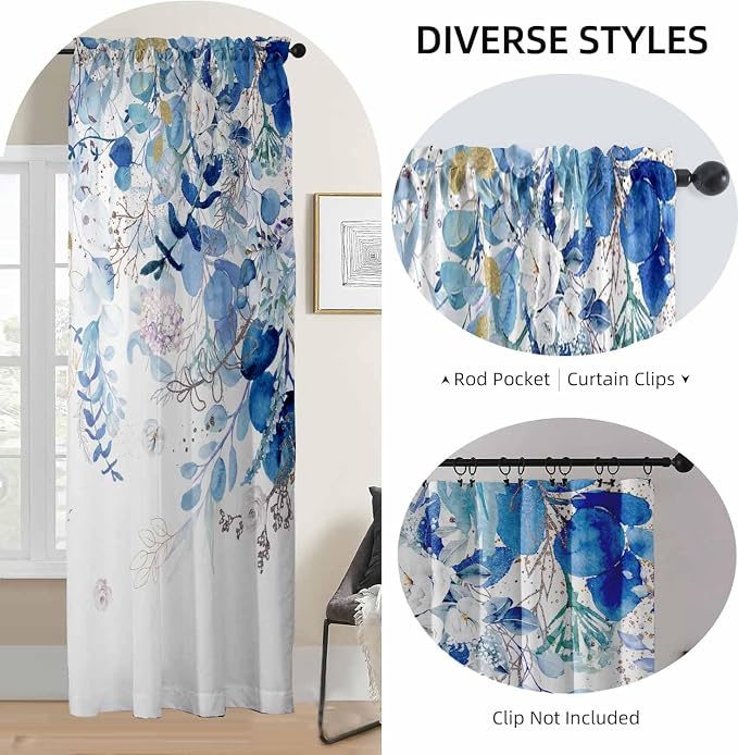 Blue and White Curtains for Living Room Spring Summer Blue Eucalyptus Leaves Light Filtering Curtains Floral Drapes for Bedroom Botanical Farmhouse Nature Printed Window Curtain 2 Panels 52X72Inch
