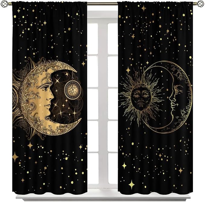 Sun and Moon Blackout Windows Curtains, Golden Planet Star Mysterious Galaxy Curtains Space Curtains, for Living Room Bedroom 42x63in 2 Panels