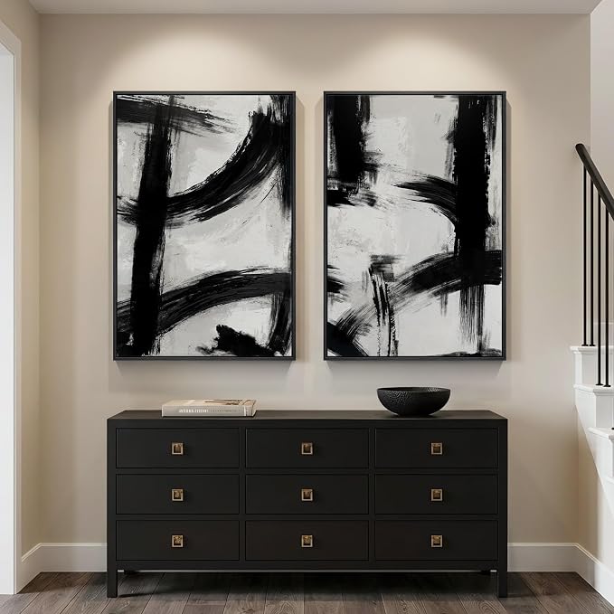 Framed Black and White Abstract Wall Art Set of 2 for Living Room, Large Mid Century Modern Canvas Artwork for Walls, Contemporary Minimalist Ink Painting Print Wall Decor for Bedroom Office, 24x36 In
