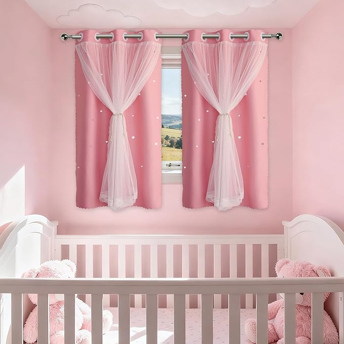 Pink Curtains Cute Blackout Curtains for Girls Room 54 Inches Short 2 Panels Star Cutout Nursery Curtains & Drapes Double Layer with Lace Bedroom Decor Window Treatments 54 Inch Length
