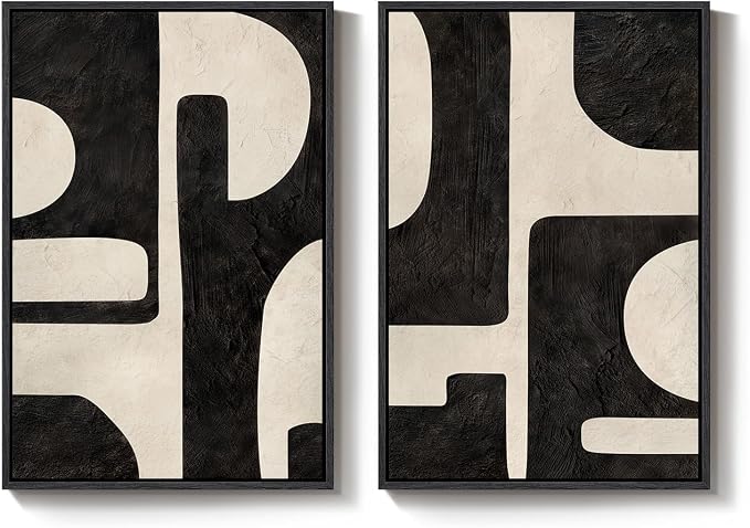 Large Framed Abstract Set of 2 Wall Art for Living Room, Neutral Black Beige Geometric Modern Canvas Artwork for Walls, Minimalist Painting Print Wall Decor Bedroom Hallway Home Office, 24x36 Inch