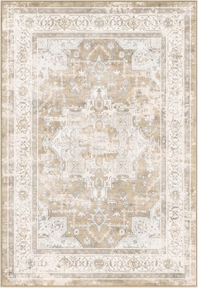 3x5 Area Rug for Living Room-Vintage Farmhouse Boho Floral Neutral Washable Stain Resistant Indoor Carpet for Bedroom Office and Home Decor(Beige&Brown)