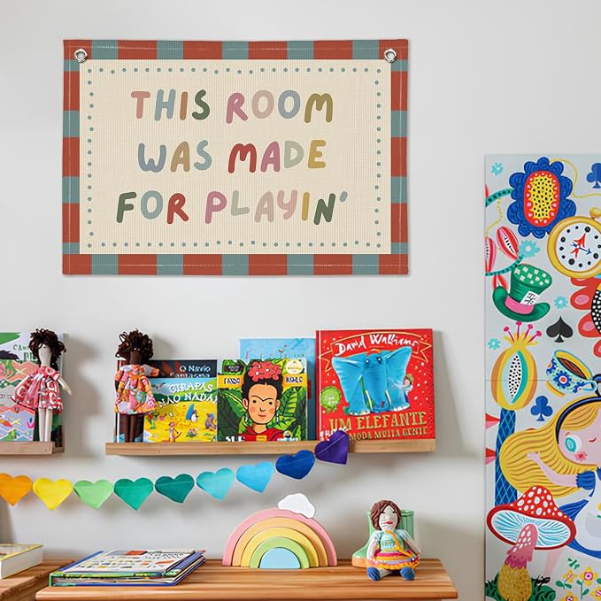 Vintage Playroom Decor Wall Banner "This Room Was Made For Playin'" 20x30 Inch - Nursery Kids Bedroom Wall Hanging, Linen Toddler Play Area Sign, Children's Canvas Flag Decor - Color