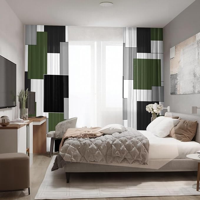 Green and Black Curtains for Living Room 84 Length Curtains Modern Geometry White Green Abstract Rod Pocket Curtain for Bedroom Kitchen Room Window Drapes 2 Panels