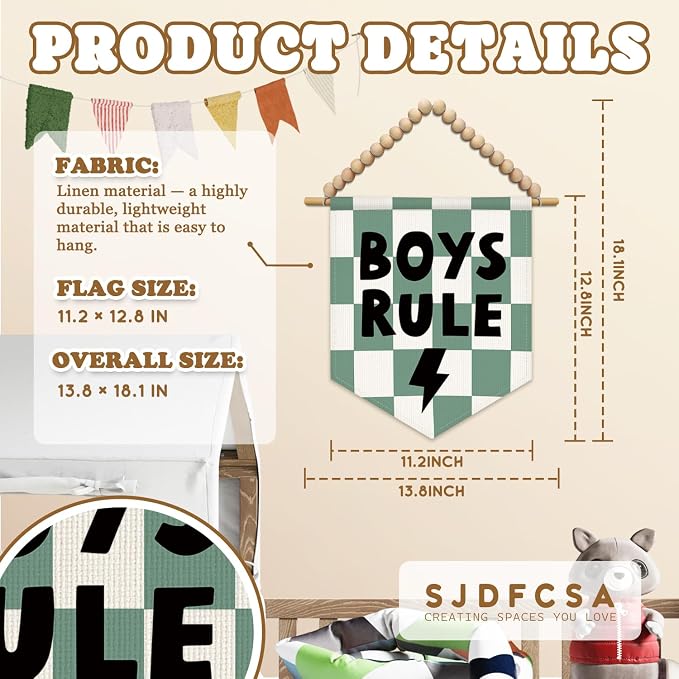 SJDFCSA Boys Room Wall Art Decor, Kids Playroom Decor, Boys Rule Green Checkered Boho Nursery Wall Hanging Display Pennant Flag for Kids Boy Nursery Toddler Room Bedroom Playroom