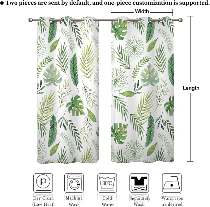 Renaiss Green Leaf Blackout Curtains, Tropical Safari Plants Patterned Thermal Insulated Bedroom Window Curtains, Eucalyptus Botanical Window Drapes for Living Room, 84" L x 42" W 2 Panel Set