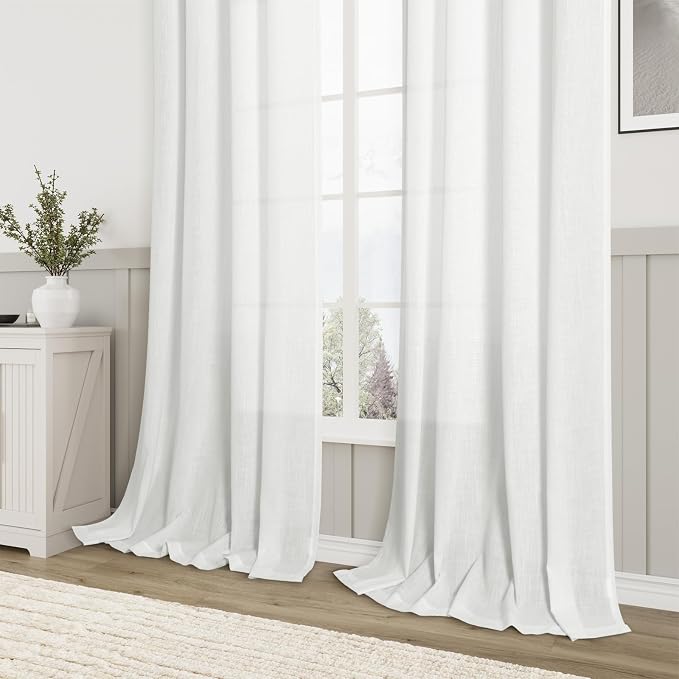 Aersas Off White Back Tab Linen Curtains for Living Room 2 Panel Light Filtering Semi Sheer Linen Drape Neutral Country Rustic Farmhouse Boho Curtain 52W x 102L