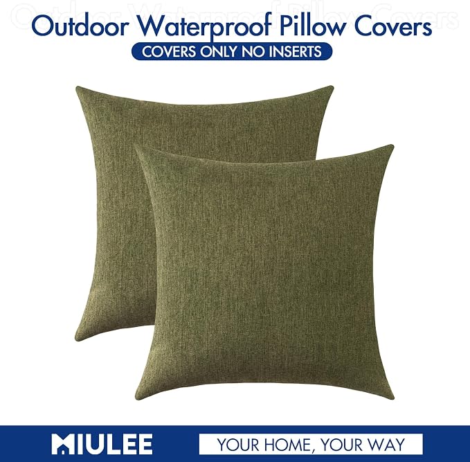 MIULEE Pack of 2 Decorative Outdoor Solid Waterproof Throw Pillow Covers Spring Faux Linen Garden Farmhouse Cushion Cases for Patio Tent Balcony Couch Sofa 16x16 Inch Olive Green