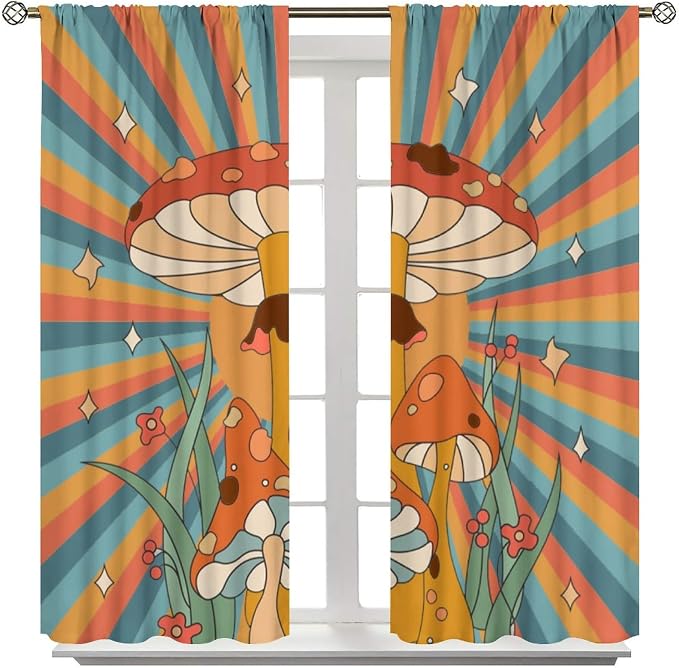 Boho Mushroom Curtains, 1970s Retro Sunset Rainbow Boho Herbs Flowers Blue Yellow Abstract Geometric Print Blackout Window Drapes for Kids Bedroom Living Room 55x63in
