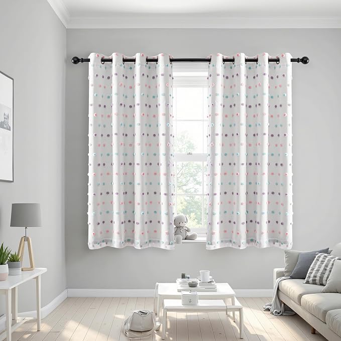 MEETSKY Kids Blackout Curtains for Girls Bedroom 63 Inches Nursery Curtains with Rainbow Pom Pom Sheer Room Darkening Window Drapes for Living Room Grommet Set of 2, 52" W x 63" L