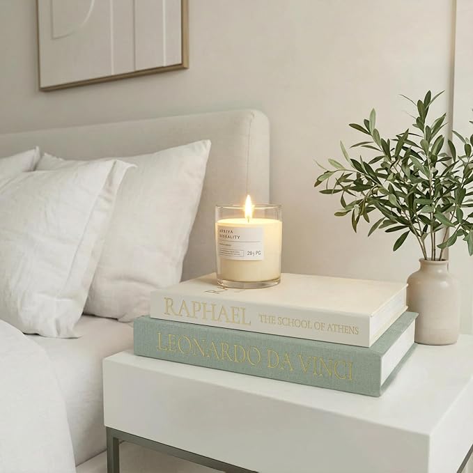 3-Piece Decorative Books for Home Decor with Wood Bead Garland - Stackable Linen Faux Book Box for Coffee Table Styling, Real Fabric Cover Fake Books with Tassel as Display Riser for Shelf