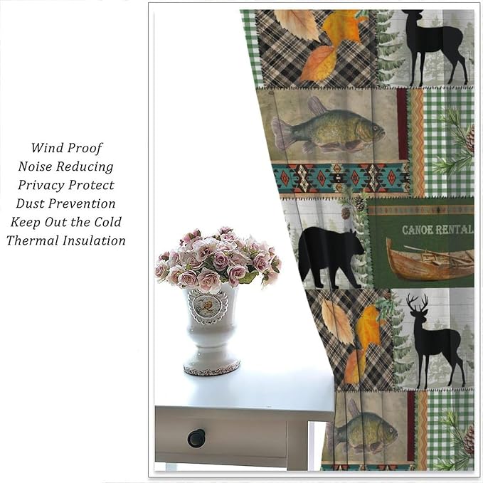 Vintage Animal Blackout Curtains Countryside Farmhouse Hunting Lodge Mountains Lake Bear Deer Plaid Bass Wildlife Windows Treatments Rod Pocket for Kitchen Living Room Bedroom 42x45in