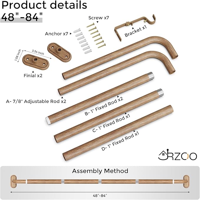 Wrap Around Curtain Rods Wood, Blackout Heavy Duty Curtain Pole for Windows 48 to 84 Inch, 1" Decorative Room Darkening Curved Boho Drapery Rod (Wood/Unique Design/All Metal)