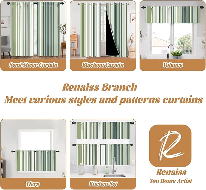 Renaiss 42 x 63 Inch Green Stripe Linen Kitchen Curtains Rod Pocket Window Treatment Tier Decor Curtain for Living Room Bathroom Cafe Small Window Farmhouse Rustic Pinstripe Window Drapes 2 Panels