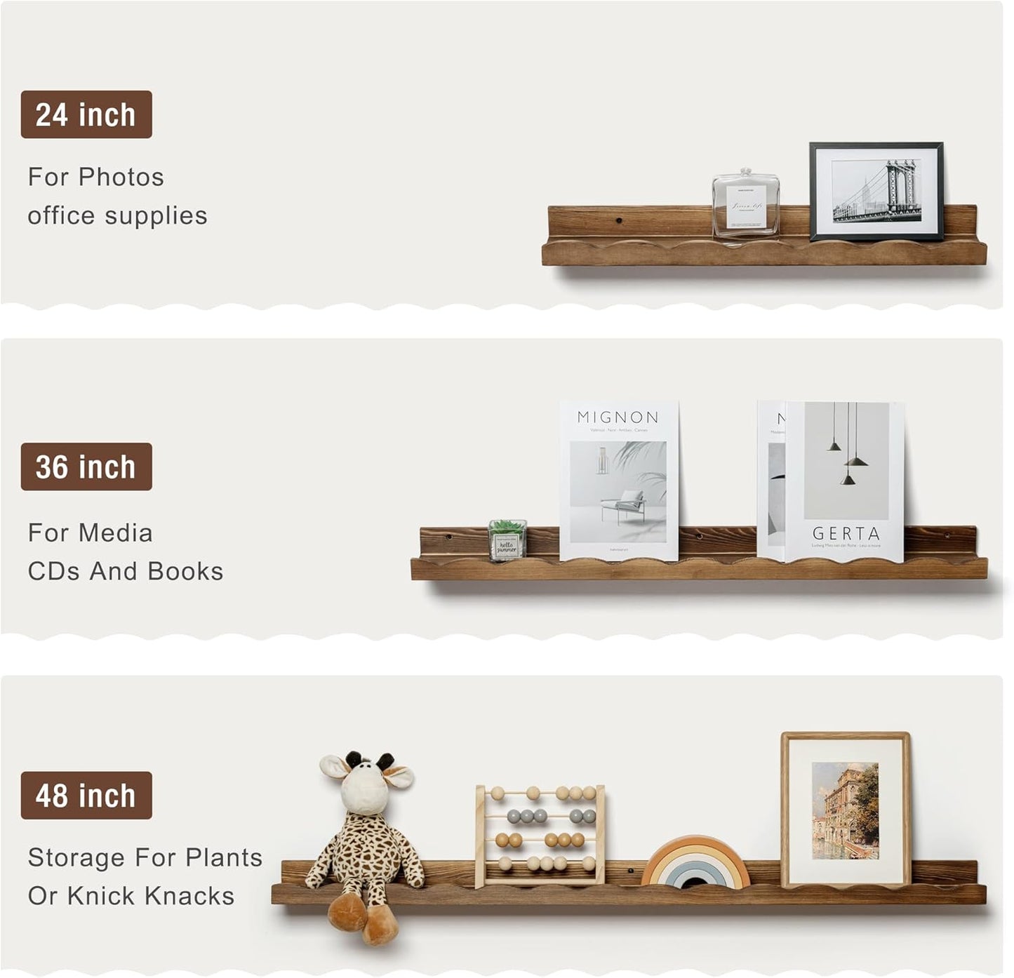 Fun Memories Picture Ledge Shelf for Wall, 48 inch Pine Wood Nursery Book Shelves Set of 2- Wall Book Shelves for Kids Room, Home Decor - Kitchen Spice-Carbonized