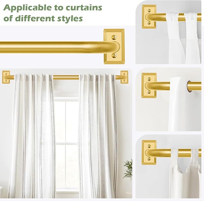 TVWOO Gold Wrap Around Curtain Rods 2 Pack:Blackout Adjustable Window Curtain Rod,Room Darkening Heavy Duty Curved French Metal Single Drapery Rods for Bedroom Kitchen Easy Install,Brass Gold 28-48"
