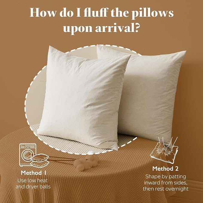 BPC 26x26 Down Feather Throw Pillow Inserts Set of 2, 100% Organic Cotton Cover, Soft Square Decorative Pillow for Sofa, Couch and Bed, White