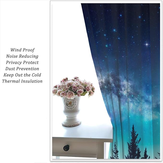 Forest Night Sky Blackout Curtains for Kitchen,Rustic North Star Moonlight Decor, Starry Moon Galaxy Nature Window Drapes Print for Boys Girls Bedroom Living Room 42x45in