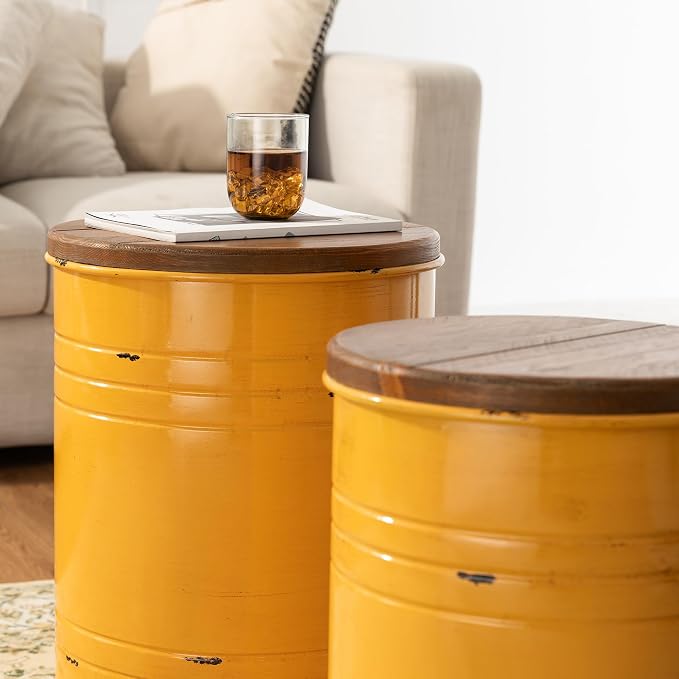 Glitzhome Rustic End Table Set of 2, Farmhouse Galvanized Metal Barrel Ottoman Storage Stool with Round Wood Lid for Living Room Furniture, Yellow