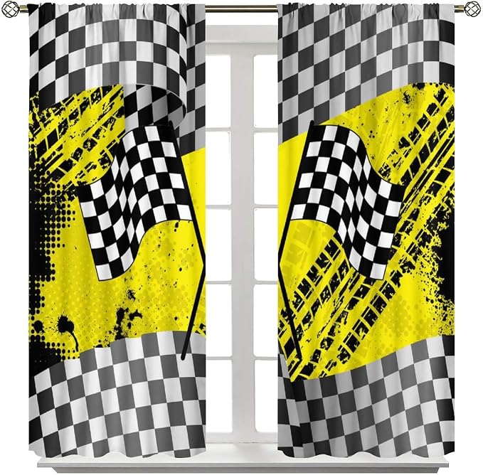 Race Car Window Curtains,Kids Teens Boys Checkered Flag Game Theme White Black Yellow Window for Dining Room Office Living Room Kitchen Bedroom Cafe Drapes, 55x63 in