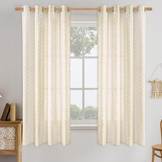 BGment Mustard Yellow Vintage Floral Linen Curtains for Farmhouse - Boho Curtains 63 Inch Long Light Filtering Window Drapes for Country Rustic Bedroom, Each 52 Inch Wide, 2 Panels Set