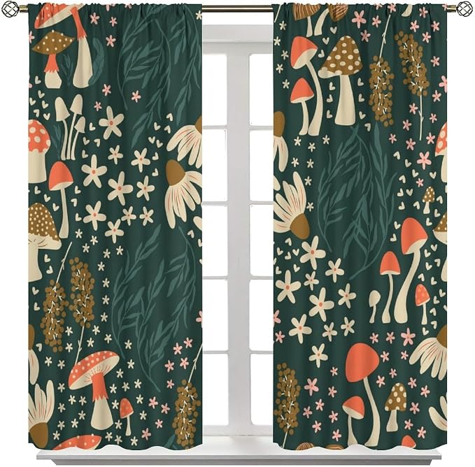 Woodland Mushroom Curtains, Rustic Fairytale Forest Natural Mushroom Flowers Plants Blackout Window Drapes for Farmhouse Kitchen Bedroom Livingroom, 63" W X 63" L