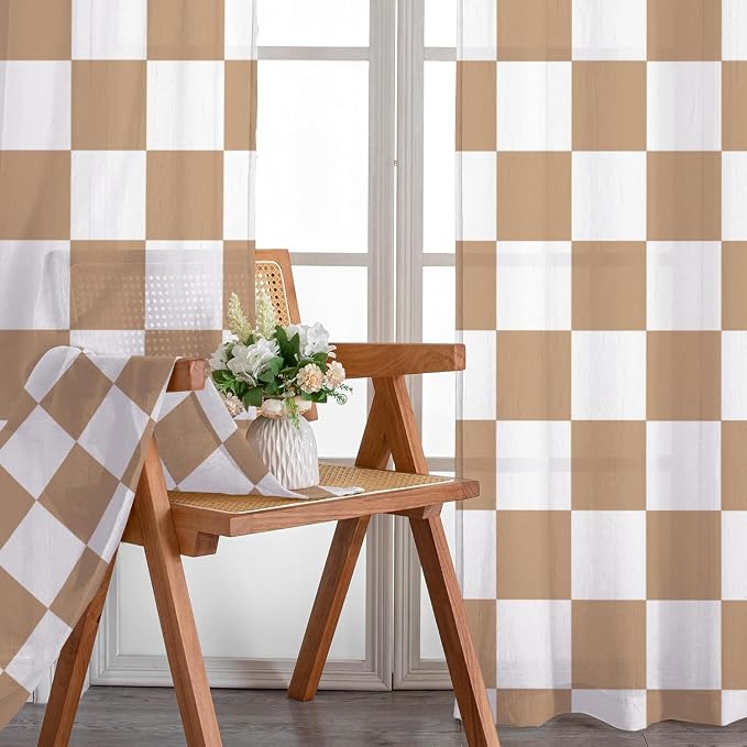 Beige Checkered Curtains for Bedroom,Rod Pocket Brown and White Semi Sheer Curtains Farmhouse Retro Checkerboard Light Filtering Drapes for Living Room,Set of 2 Window Curtain Panels,52 x 72 Inch