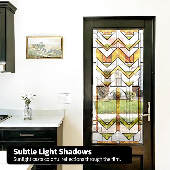 Faux Stained Glass Effect Transparent Window Film, Decorative Window Cling for Front Door Sliding Door Glass Film Decor Inspired by Frank Lloyd Wright, 29.53" x68.9" Martin House, Boho