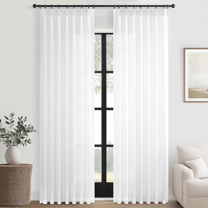 Topfinel Beige White Pinch Pleated Semi Sheer Curtains Textured Linen Blended Light Filtering Window Curtains 94 inch for Living Room Bedroom Pinch Pleat Drapes with Hooks 2 Panels 40" Wx94 L