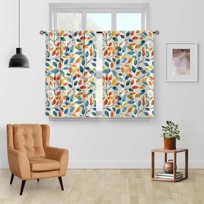 Aimego Colorful Leaves Kitchen Curtains - Floral Spring Botanical Tier Cafe Curtains Farmhouse Country Small Window for Bathroom Living RV Rod Pocket Window Drapes 24 Inch 2 Panels Set 28"x24"