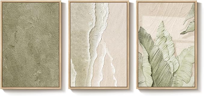 Framed Abstract Sage Green 3 Piece Wall Art for Living Room, Modern Neutral Waves Botanical Canvas Artwork for Walls, Minimalist Wabi Sabi Rustic Nature Print Wall Decor for Bedroom Office, 16x24 Inch