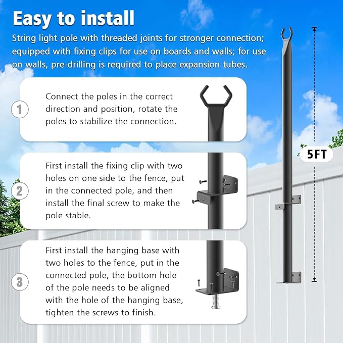 AHRLHR 5 Ft String Light Poles, 4 Pack String Light Poles for Outside with Fixing Clips,Metal Poles for Outdoor String Lights, Hanging Light Poles for Deck Fence Garden Backyard Wall Bistro