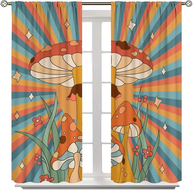 Boho Mushroom Curtains, 1970s Retro Sunset Rainbow Boho Herbs Flowers Blue Yellow Abstract Geometric Print Blackout Window Drapes for Kids Bedroom Living Room 42x45 Inch