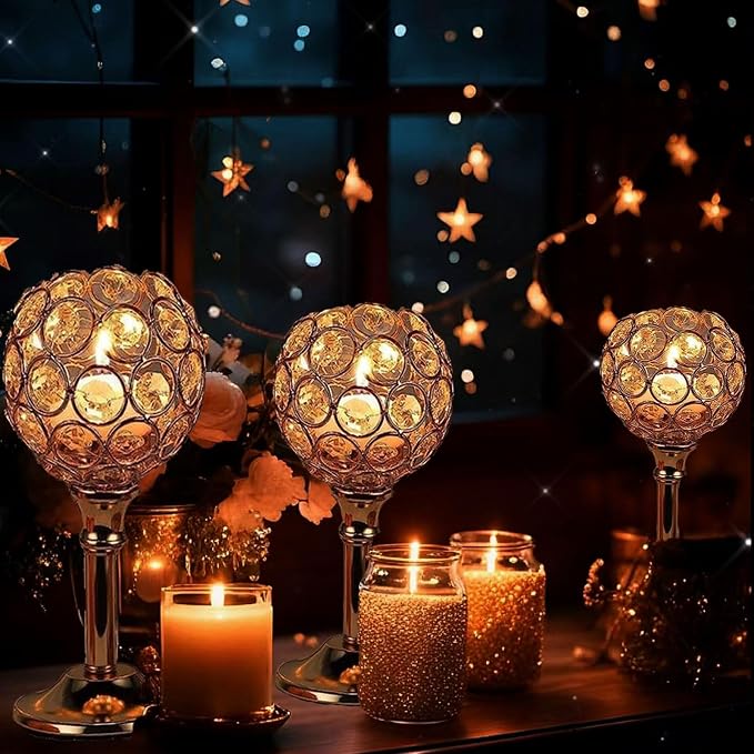 Candle Holder Candlestick Holders- 6Set Gold Crystal Pillar Candle Holders,Metal Candlestick Stands for Wedding Centerpieces,Table Decor for Church,Valentine's Day Housewarming Gift,18Pcs