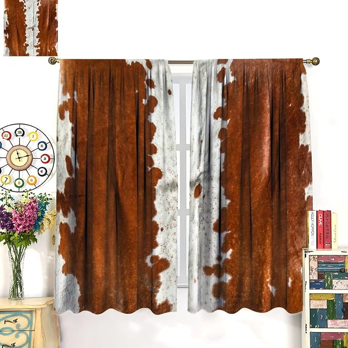 Cowhide Blackout Curtain, Retro Farmhouse Animal Spotted Brown White Cow Texture Print Drapes, Window Treatments Rod Pocket 2 Panels Curtains for Dining Room Bedroom Office Cafe Decor 55"W X 63"L