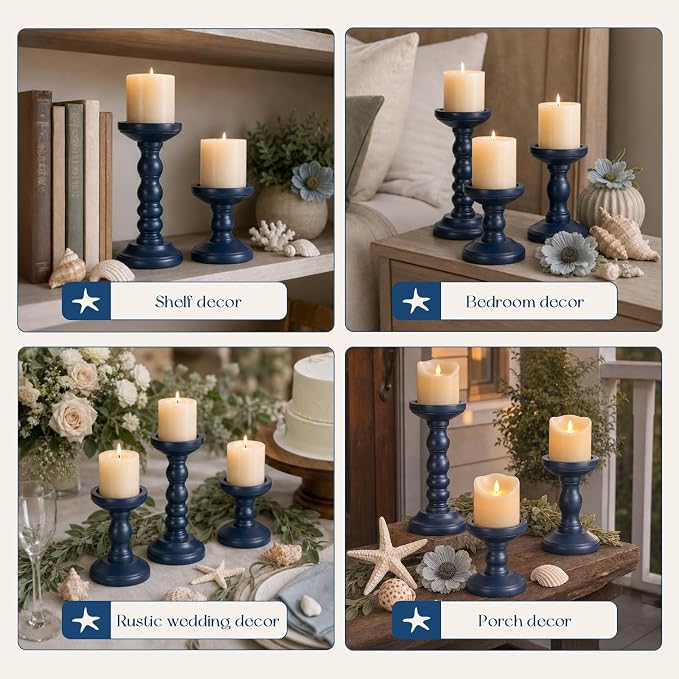 Candeldo Wooden Candle Holders Pillar: Navy Blue Candlestick Holders Table Centerpiece Blue Kitchen Decor Rustic Farmhouse Coastal Decorations for Fireplace Mantle
