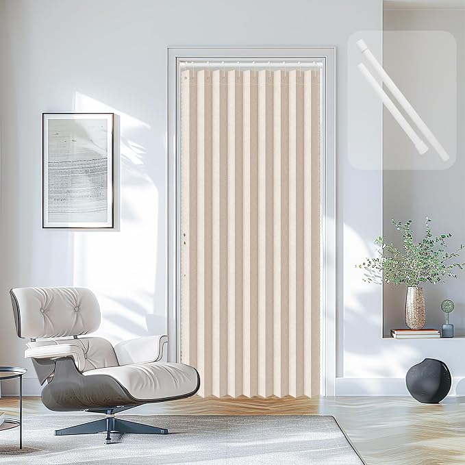 AJAZZ Set: Curtain Rods No Drilling (38-53" W Adjustable Range) & Accordion Door Curtain, Beige 53W×78" L, Accordion Doors for Closet Doorway Room Divider