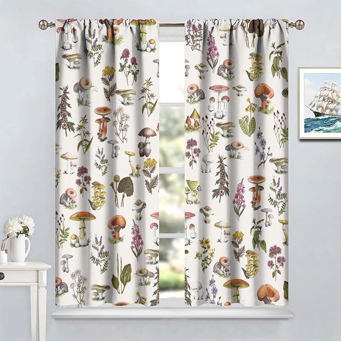 Vintage Botanical Curtains, Rustic Plants Herbs Mushroom Nature Wildflower Print Blackout Window Treatments for Living Room Bedroom Kitchen 72x63in
